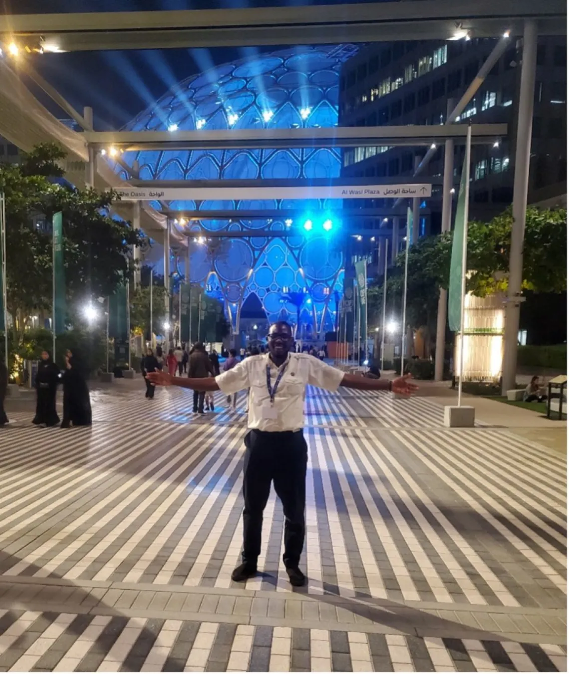 Standing in front of the huge Al Wasl dome